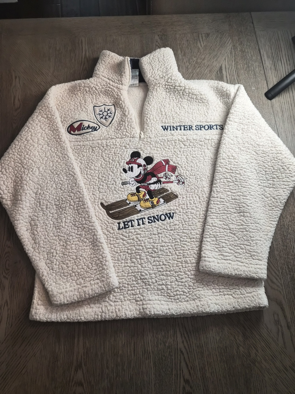 Disney Cream Teddy Jacket with Red & Black Mickey Ski Graphic
